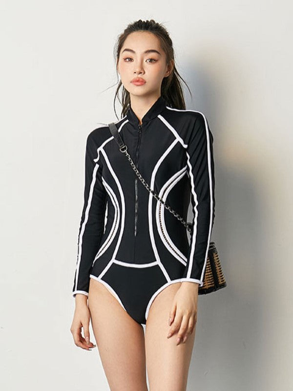 Black Zipper Long Sleeved Sunscreen Swimwear