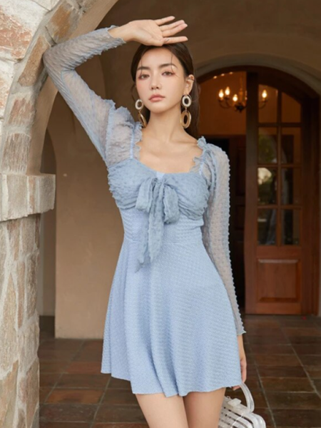 Hazel Blue Long sleeve skirt one piece swimwear