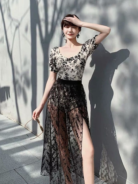 New Lace Long Shirt conservative belly covering all in one sexy retro swimwear