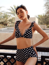 Load image into Gallery viewer, Black and White Dots High Waist Spokit Bikini with chest pad
