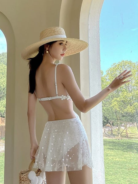 White backless spot one piece skirt swimsuit