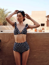 Load image into Gallery viewer, Black and White Dots High Waist Spokit Bikini with chest pad
