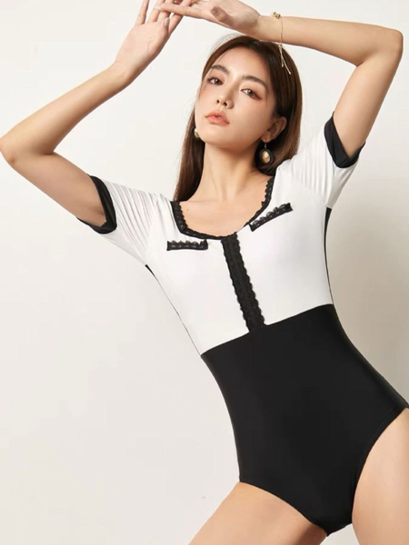 Black & White Retro One Piece with Chest Pad +Skirt