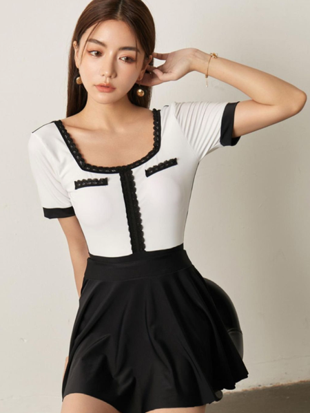 Black & White Retro One Piece with Chest Pad +Skirt