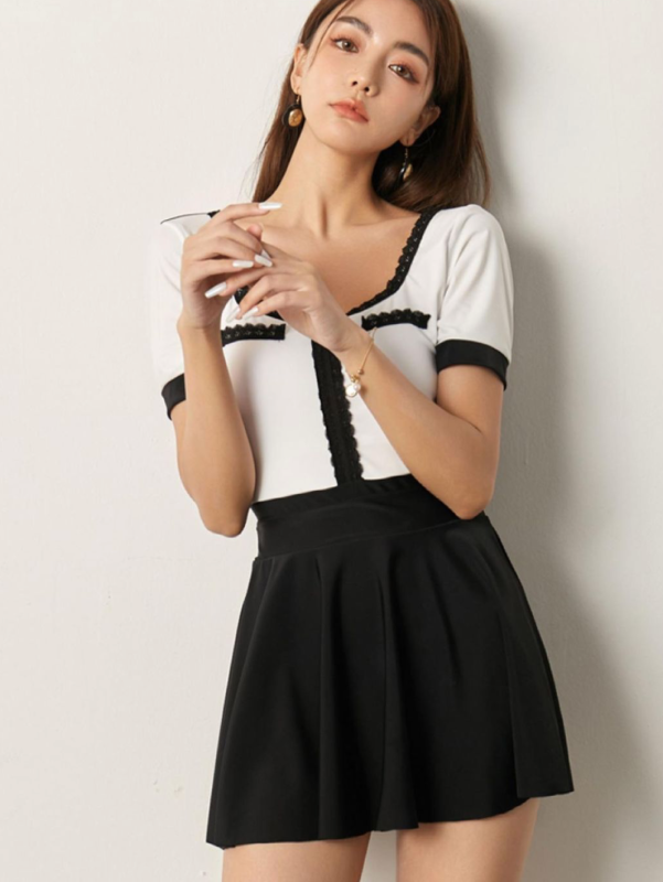 Black & White Retro One Piece with Chest Pad +Skirt