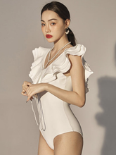 Load image into Gallery viewer, White Simple Retro Ruffle Swimwear
