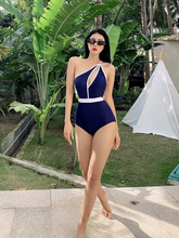Load image into Gallery viewer, Navy Blue One Shoulder One Piece
