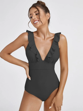 Load image into Gallery viewer, Plain Ruffle Trim V Neck One Piece Swimsuit
