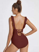 Load image into Gallery viewer, Plain Ruffle Trim V Neck One Piece Swimsuit
